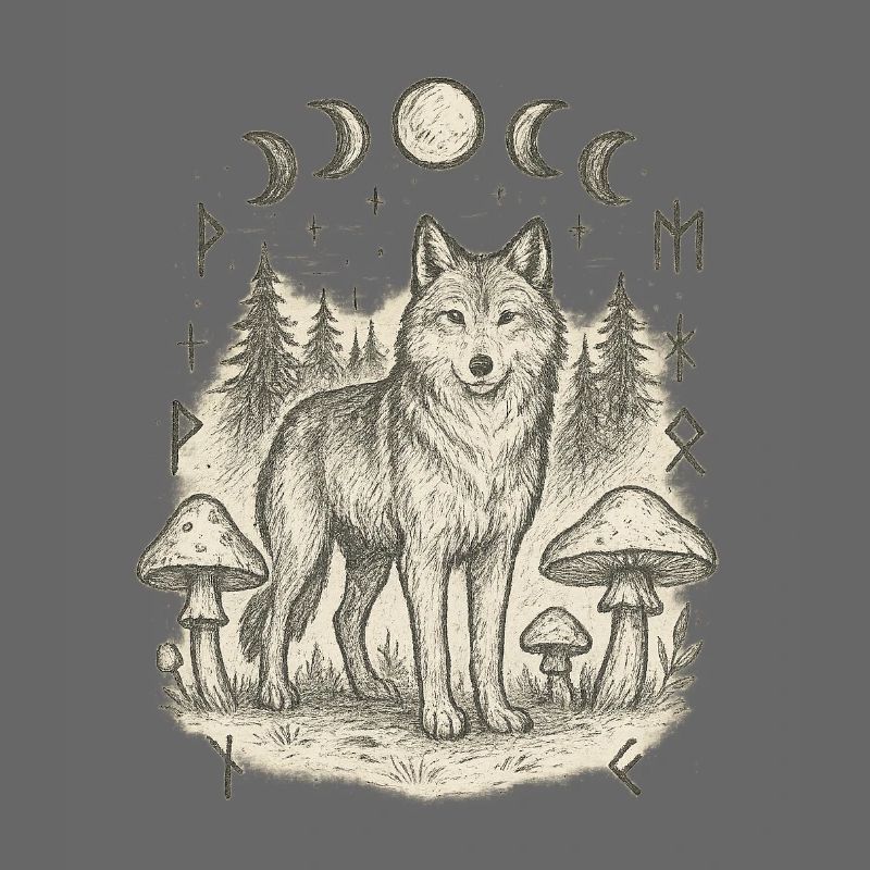 Mystischer Wolf im Wald mit Mondphasen