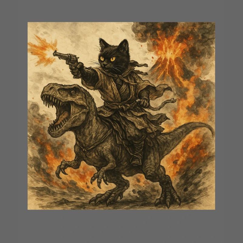 Samurai-Katze reitet auf Dinosaurier bei Vulkanausbruch