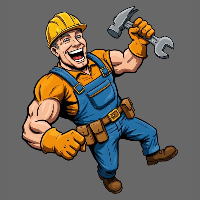 Cheerful cartoon construction worker with tools