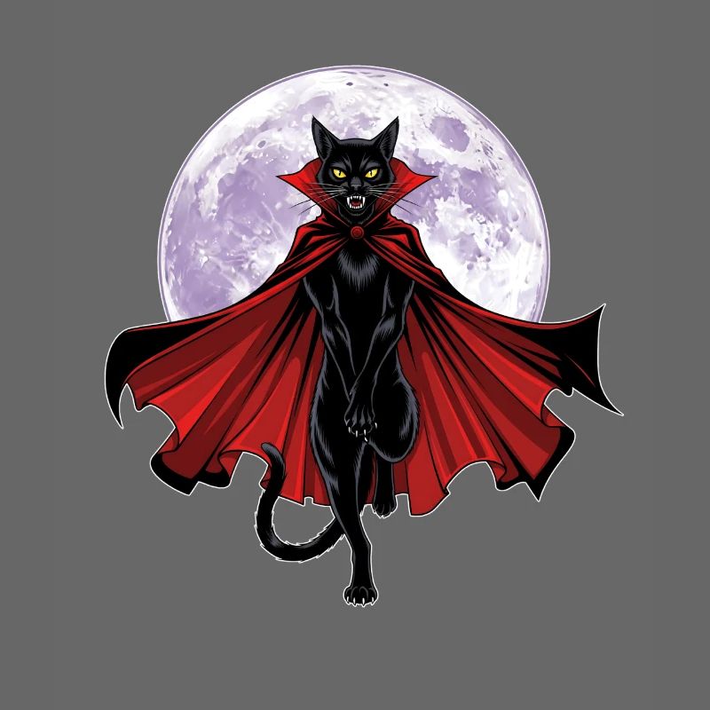 Chat vampire graphique avec cape devant une pleine lune