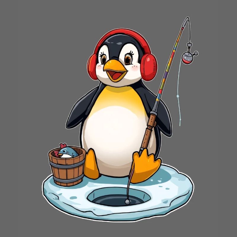 Pingouin pêcheur sur glace avec cache-oreille