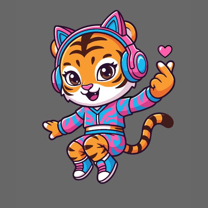 Tanzender Tiger mit Katzenkopfhörern