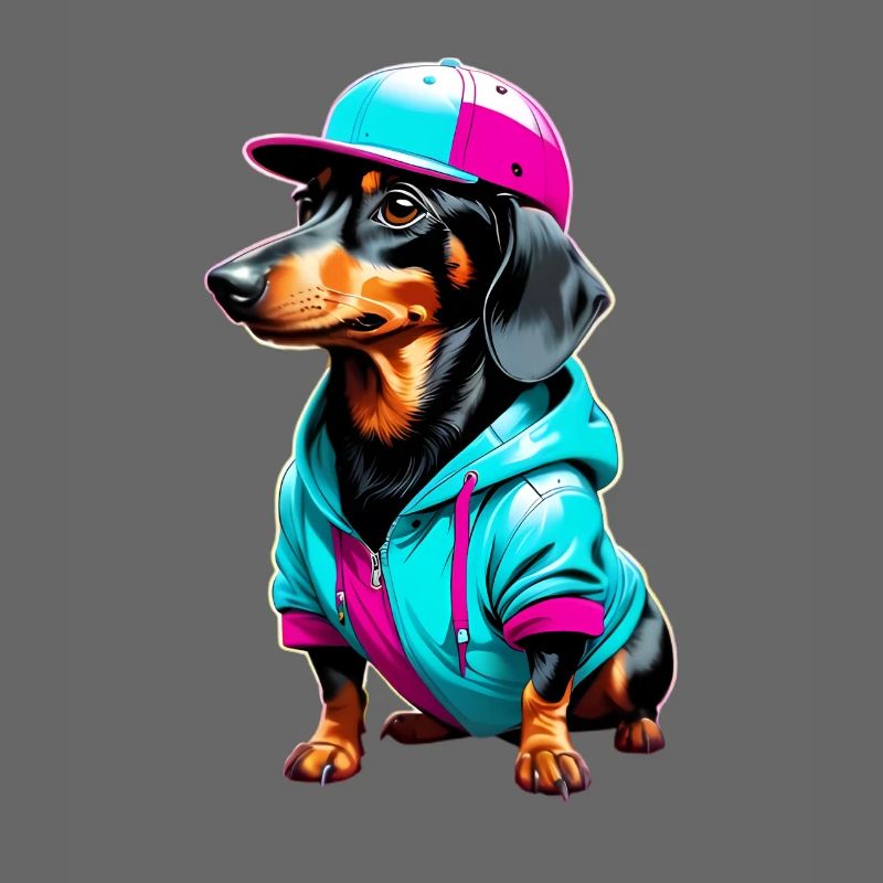 Teckel en sweat à capuche et casquette