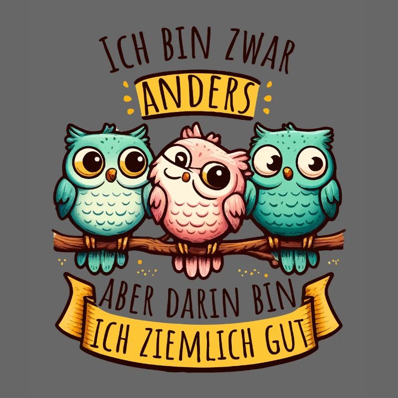 Anderssein Spruch mit bunten Eulen