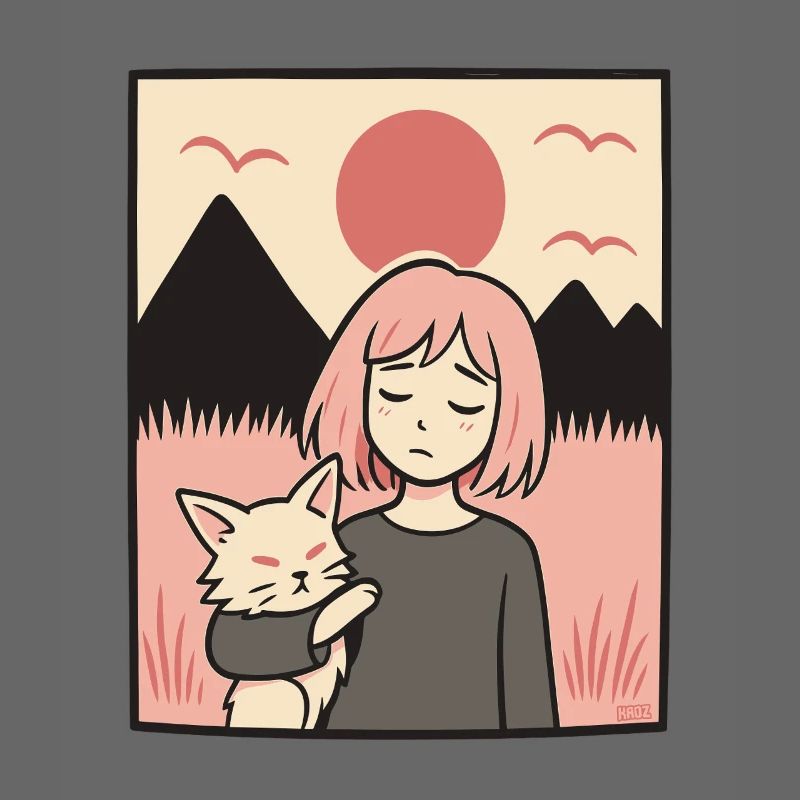 Mädchen mit Katze vor Bergen