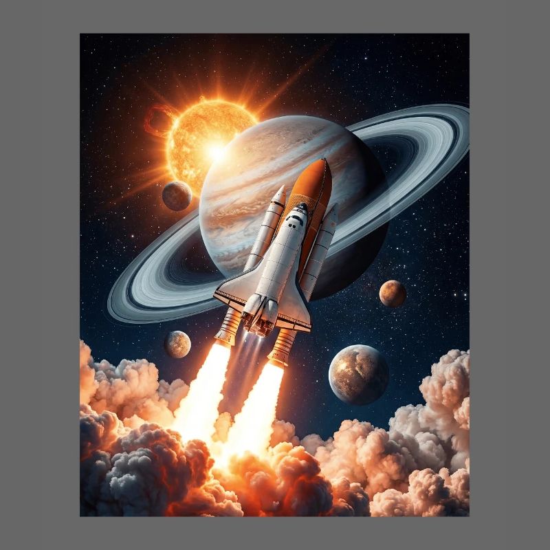 Fusée à travers les anneaux de Saturne dans l’espace