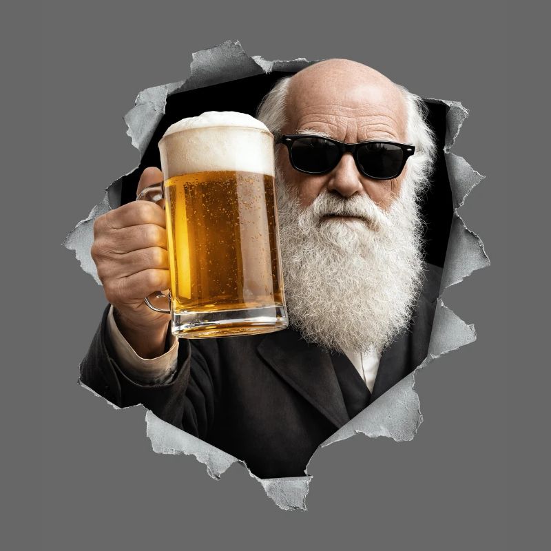 Charles Darwin hält ein Bier