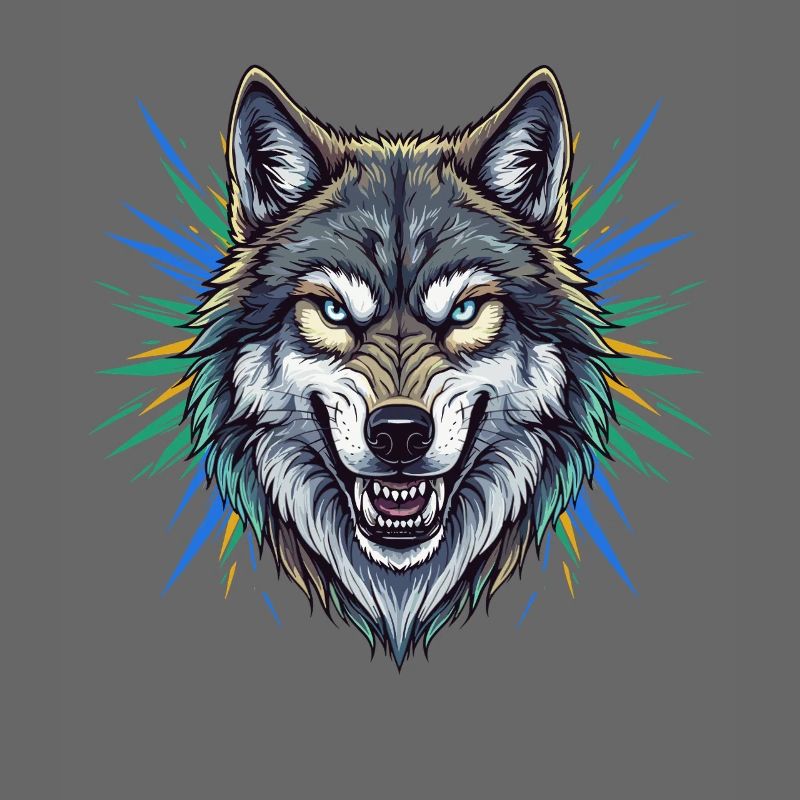Wolfskopf mit bunten Strahlen