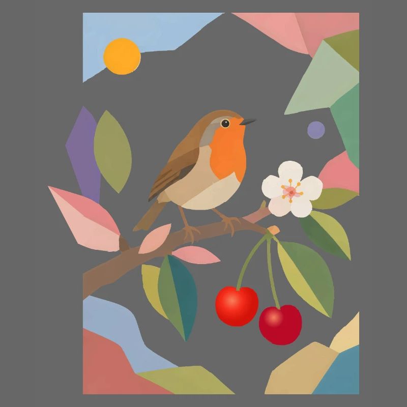 Rotkehlchen Vogel auf Ast Kirsch Design