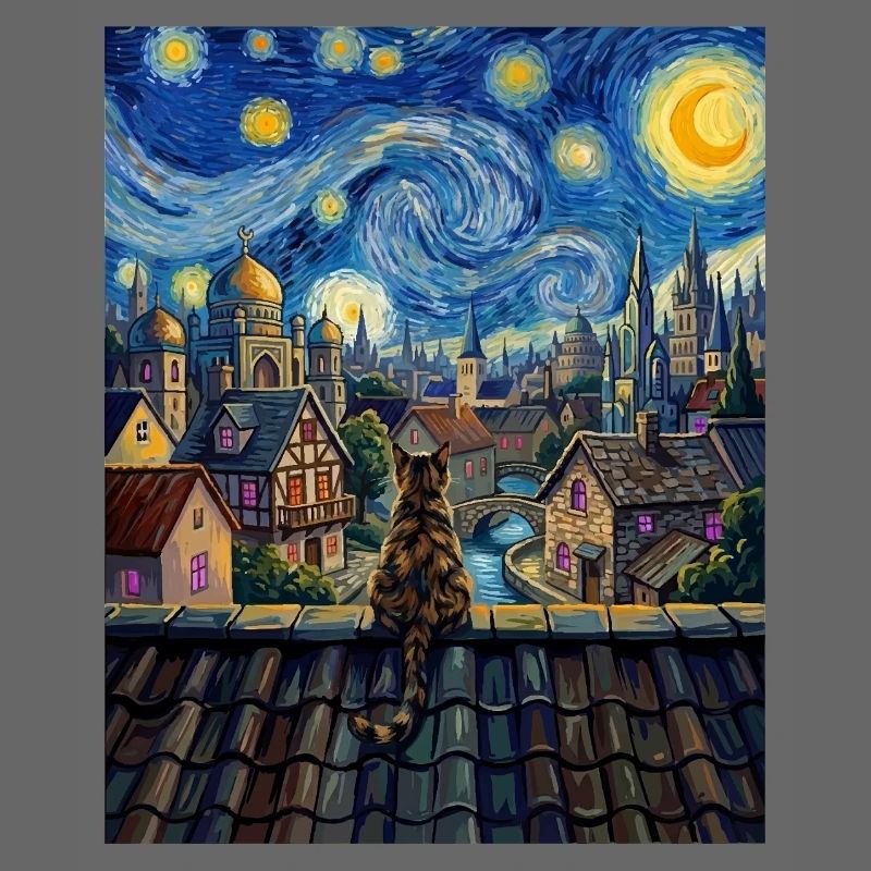Tabby-Katze Sternennacht-Dorf-Kunst