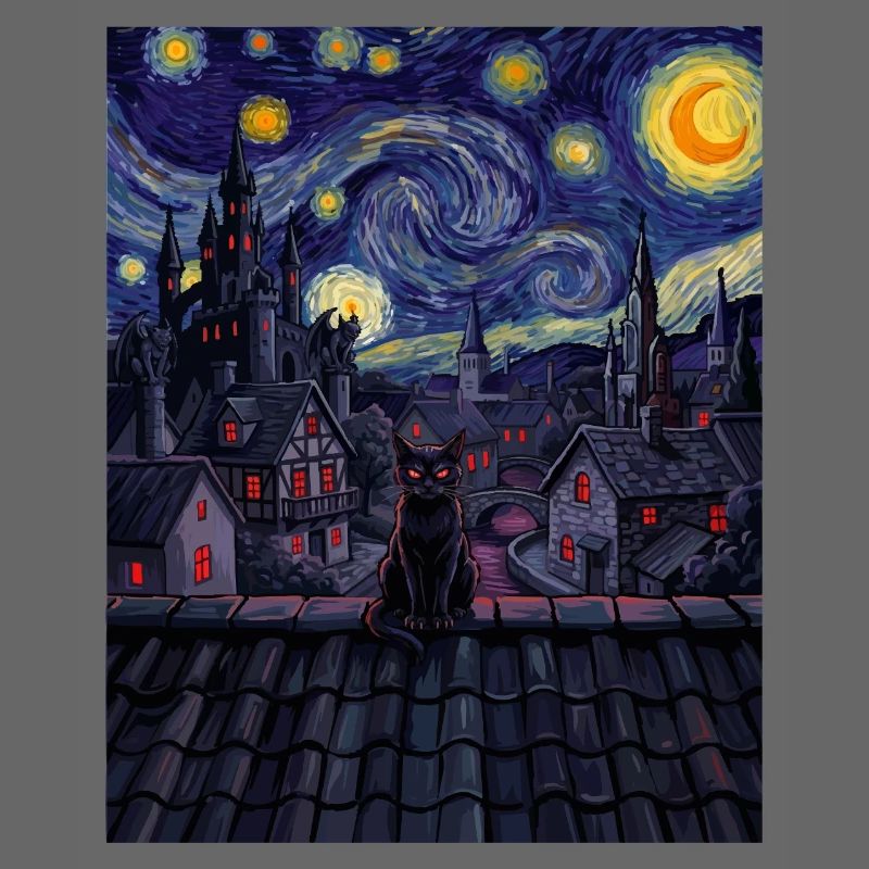 Midnight Cat Over Swirling Skyline
