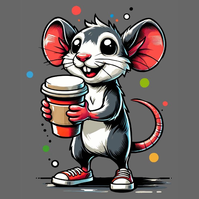 Dessin animé d’une souris joyeuse avec du café