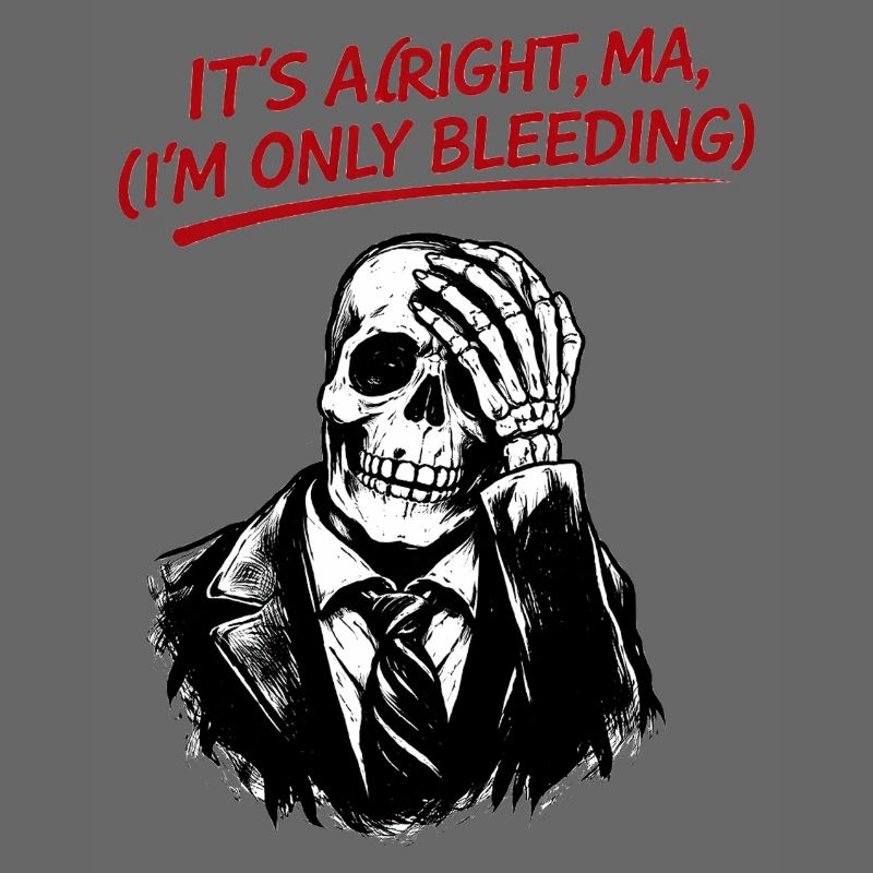 Skeleton in suit with red text