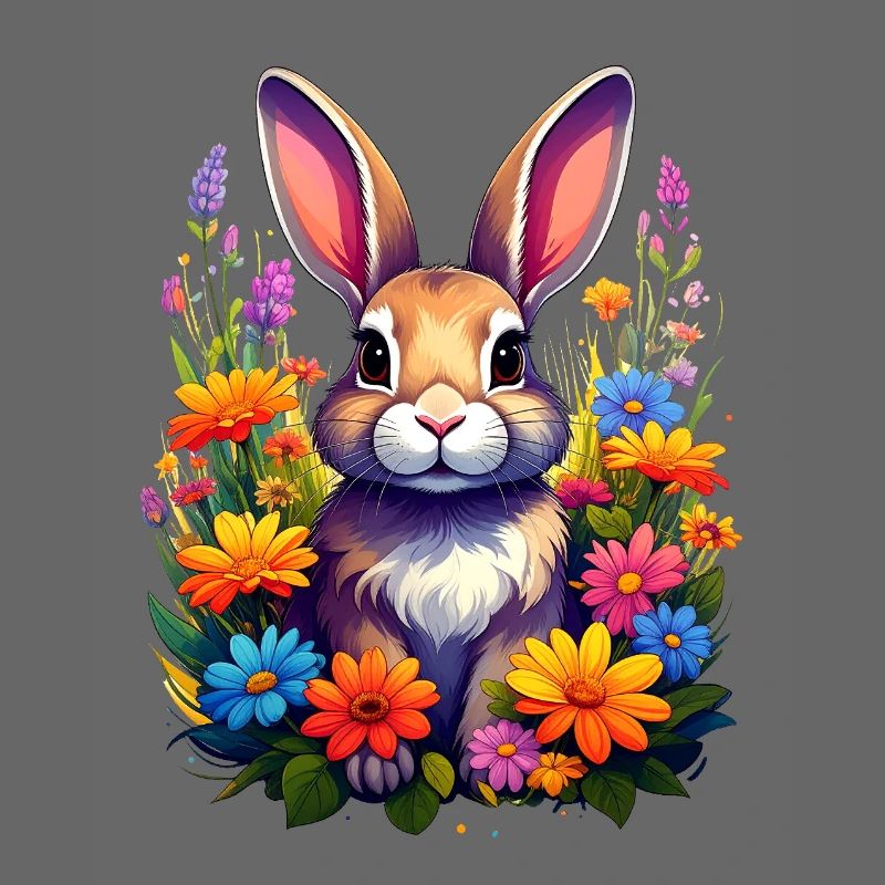A rabbit or rabbit among colorful flowers