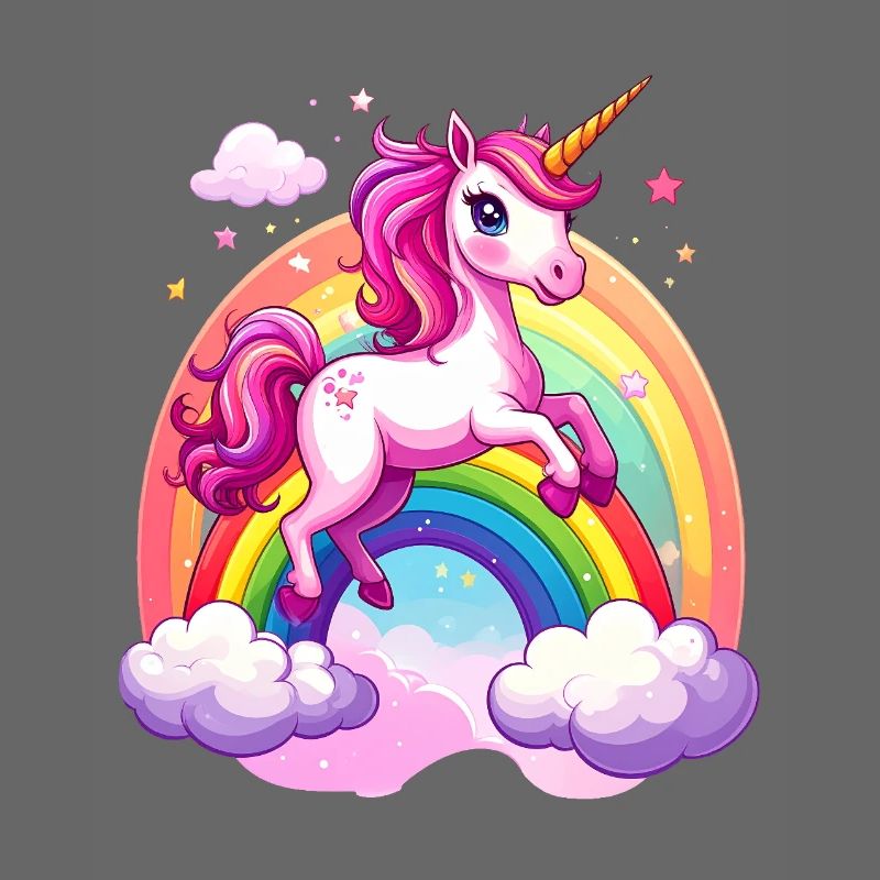 Rosa Einhorn mit Regenbogen und Wolken
