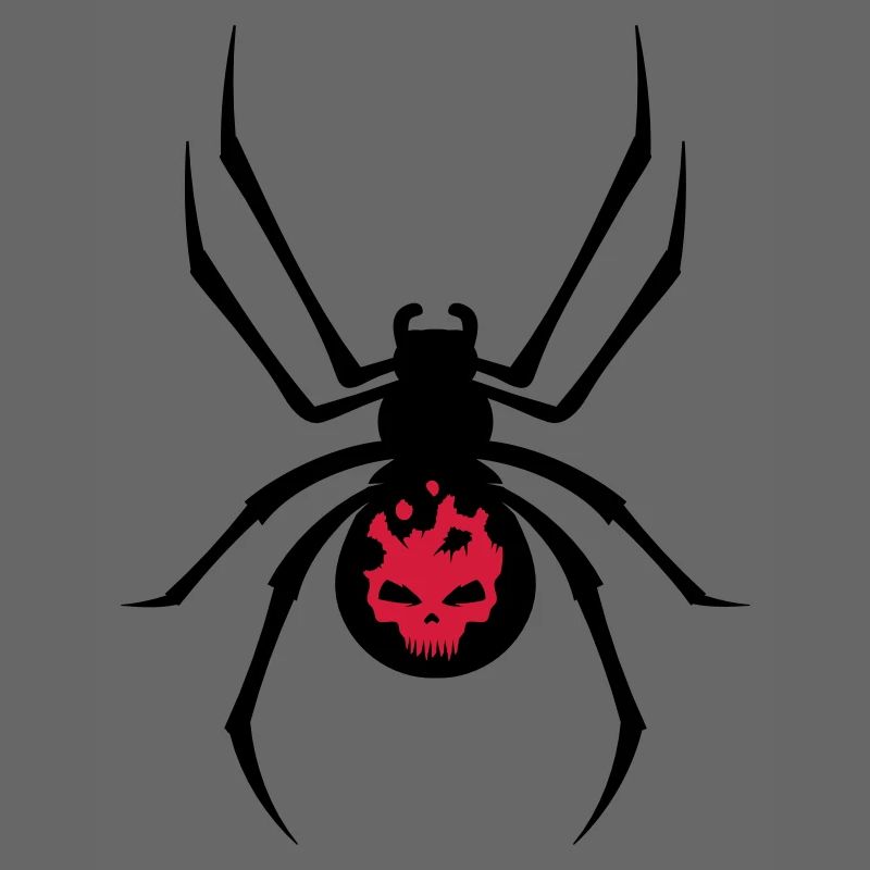 A black spider with red skull