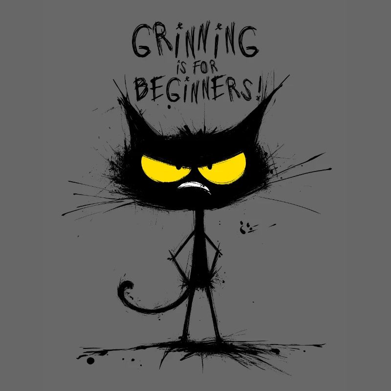 Grumpy Black Cat  – Smiling Is for Beginners