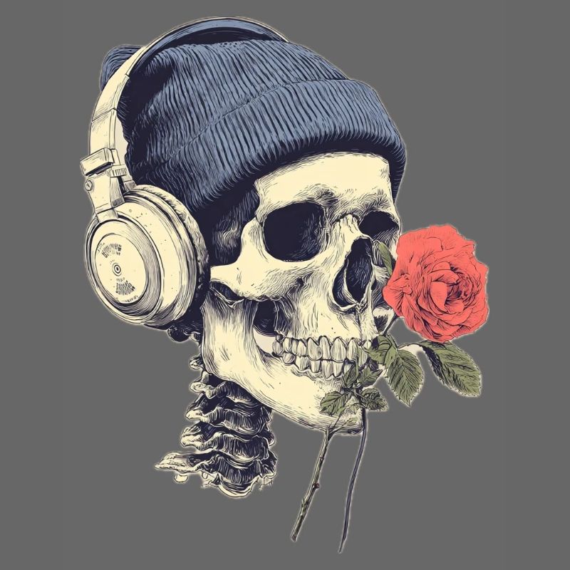Skull mit Kopfhörern und Rose