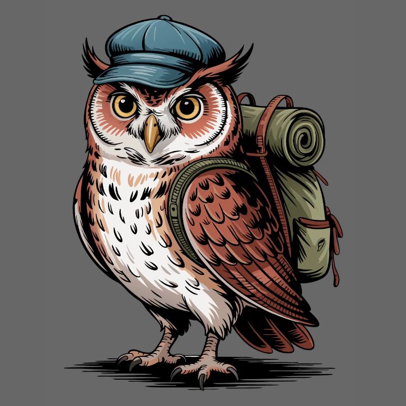Wandernde Eule mit Rucksack