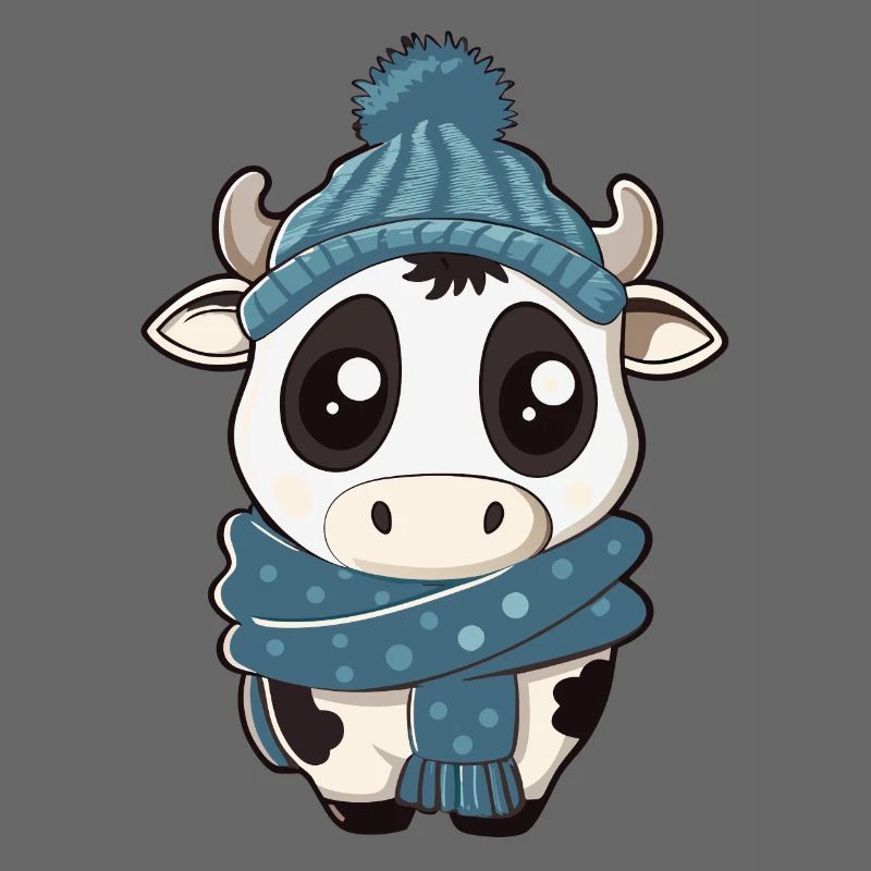 Vache mignonne avec écharpe et chapeau pompon – Mignon