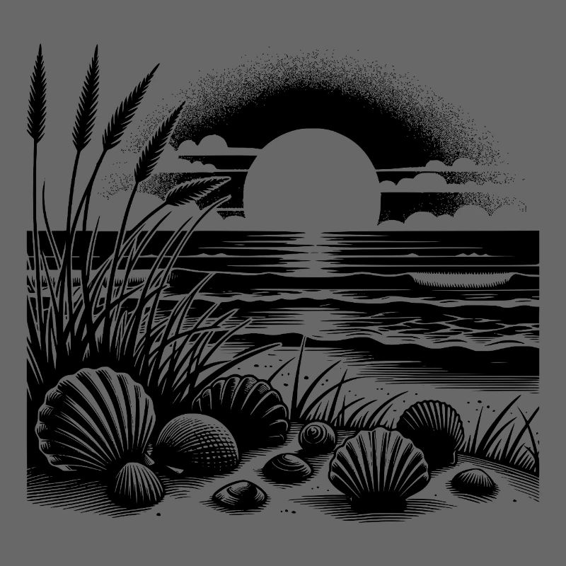 Shells and grass beach motif with sunset