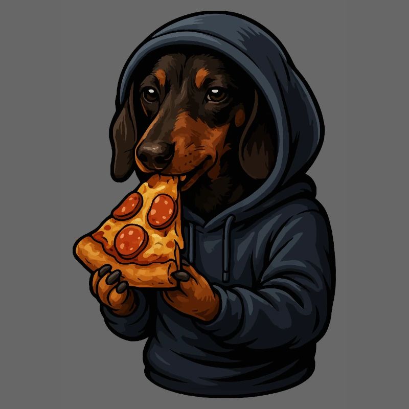 Teckel en sweat à capuche mangeant de la pizza