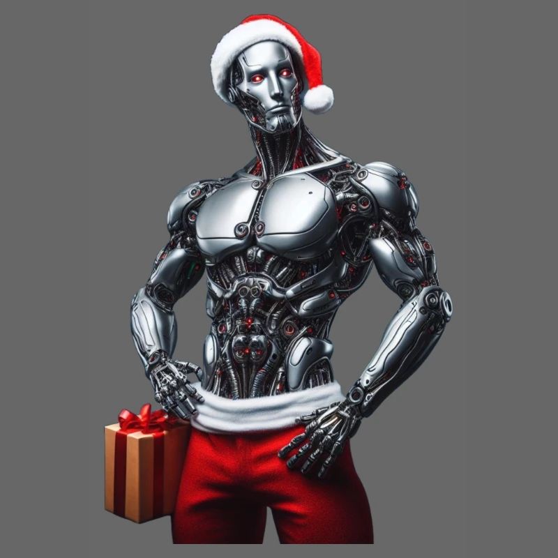 Cyberrobot avec chapeau de Père Noël et cadeau