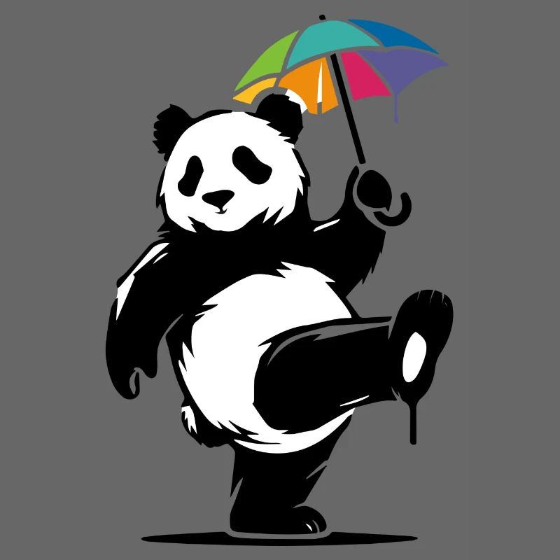 Tanzender Panda mit Regenbogenschirm