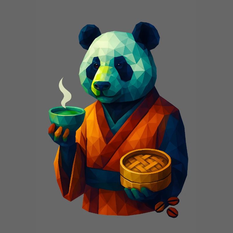 WPAP Style Animals - Panda Bear in Kimono Drinking Tea