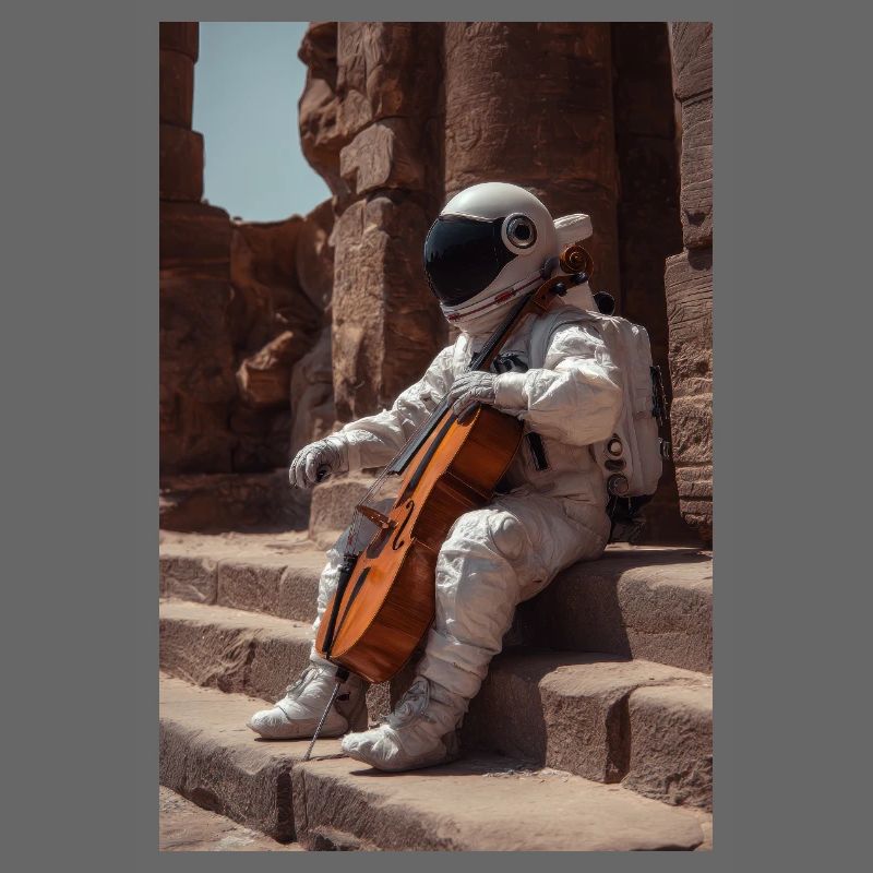 Astronaut with Cello on Ancient Steps