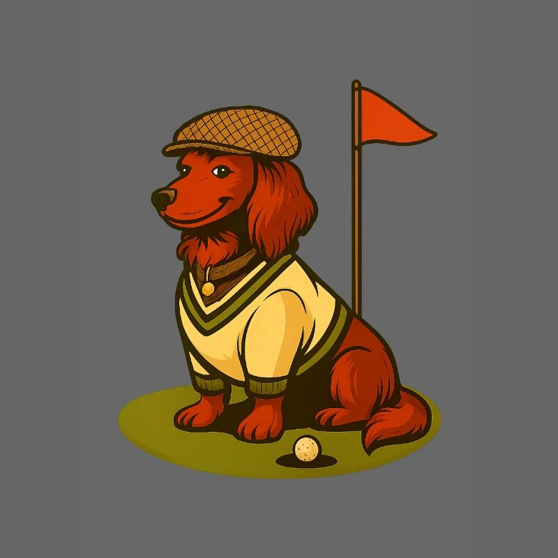 Teckel de golf en tenue rétro avec drapeau.