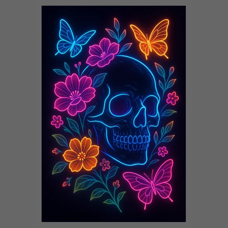 Neon Schädel mit Blumen und Schmetterlingen