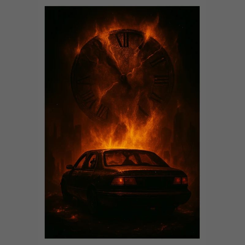 Zerfetzte Zeit: Auto im Feuer