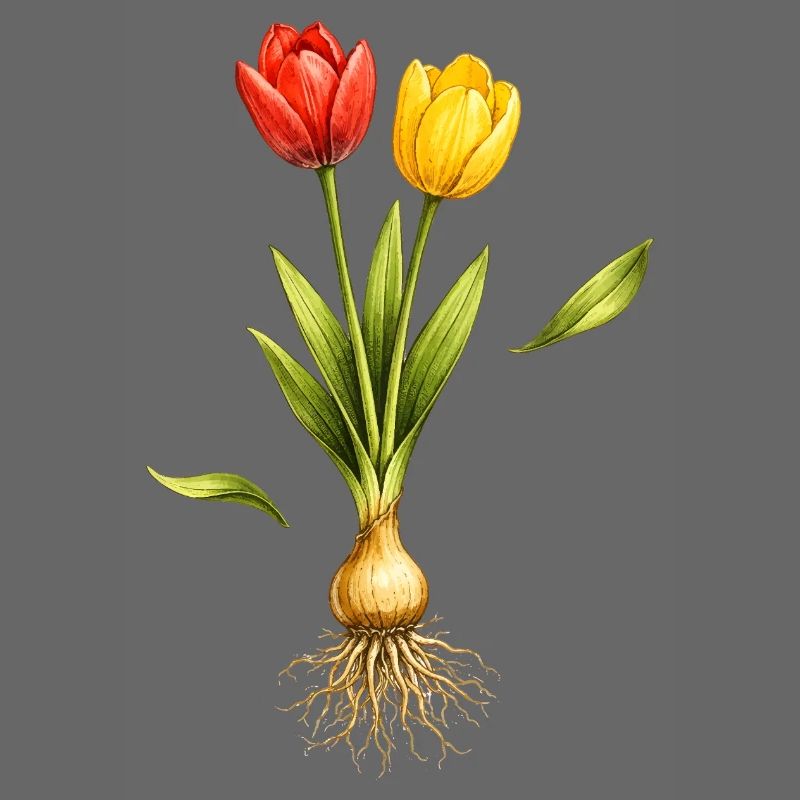 Two tulips with visible bulb and roots