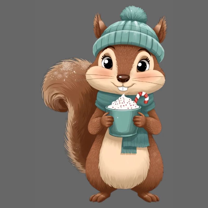 Winterliches Eichhörnchen mit Heißgetränk