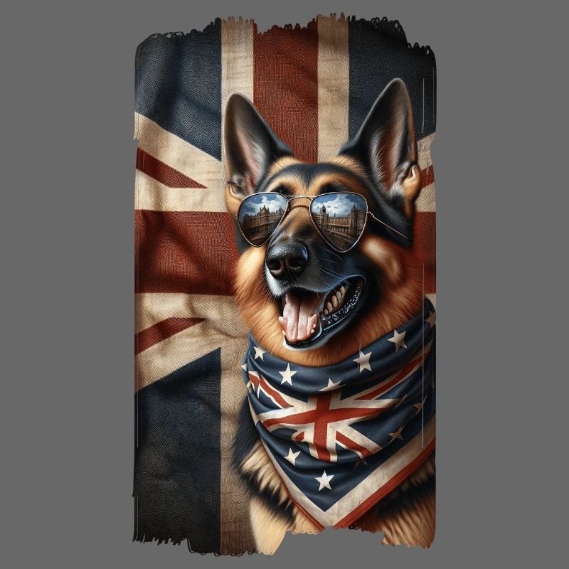 German shepherd with Great Britain flag