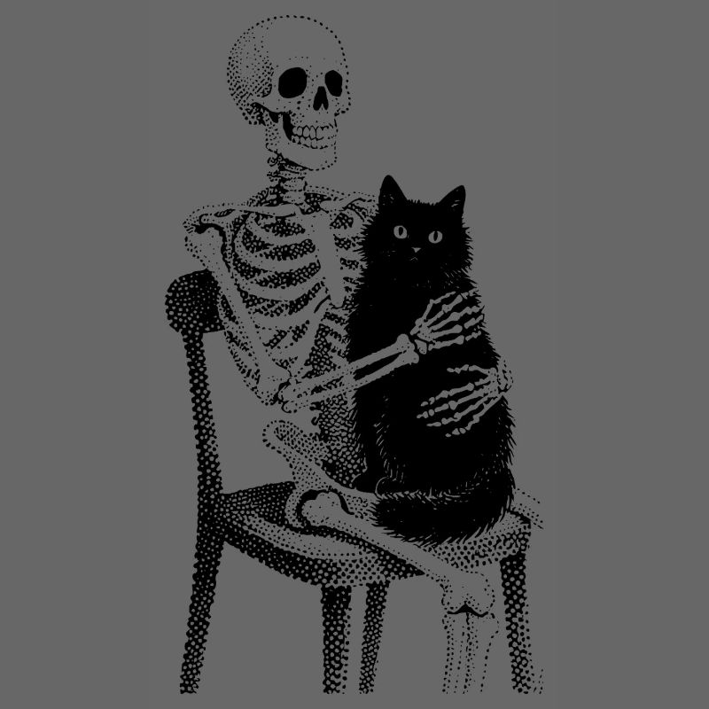 Skelett mit Katze auf Schoß