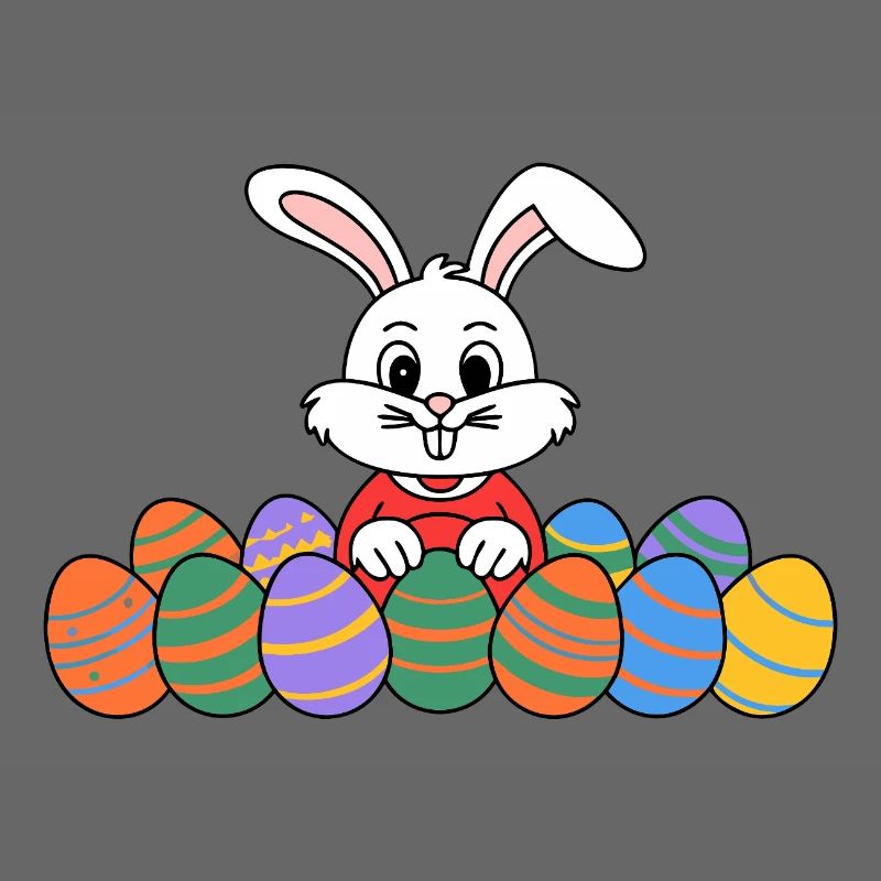 Funny Easter bunny with lots of colorful Easter eggs