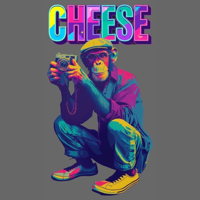 Cheese! Monkey with camera in neon pop art style
