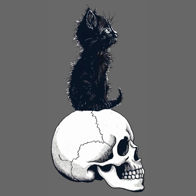 Niedliches Kätzchen sitzt auf einem Schädel