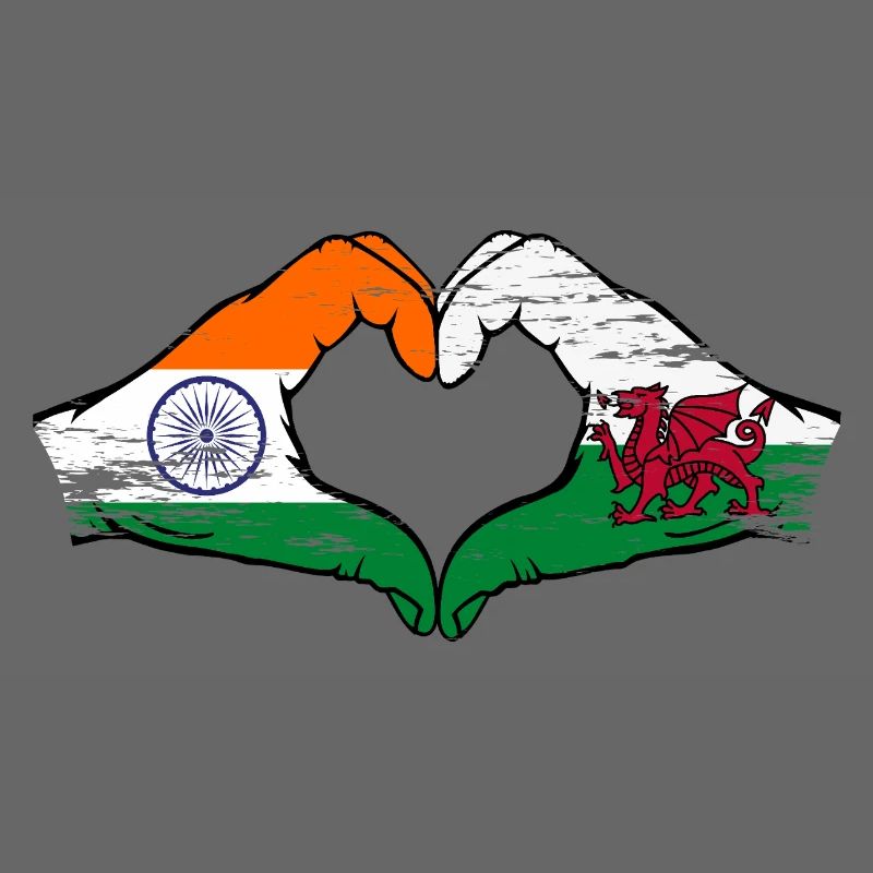 Drapeau de l’Inde Pays de Galles mains forme de coeur utilisé