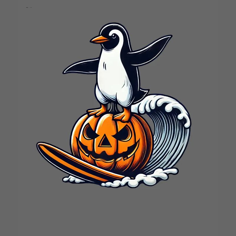 Halloween Penguin Pumpkin Surfer Surfboard