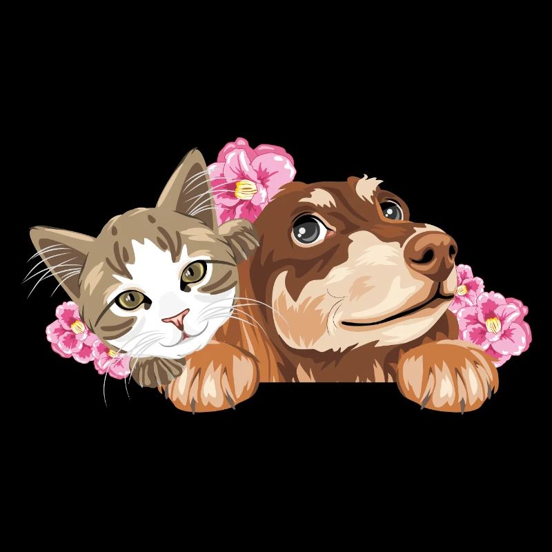 Süße Katze und träumender Dackel mit rosa Blumen