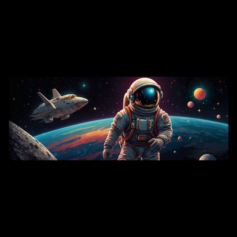 Astronaute sur la route dans l’espace avec des planètes