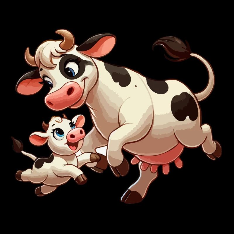 Vache mère avec enfant gambadant