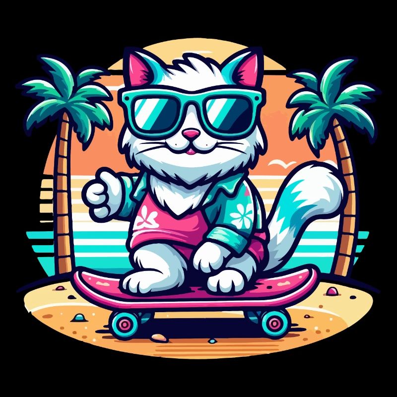 Cat on a Skateboard on the Beach