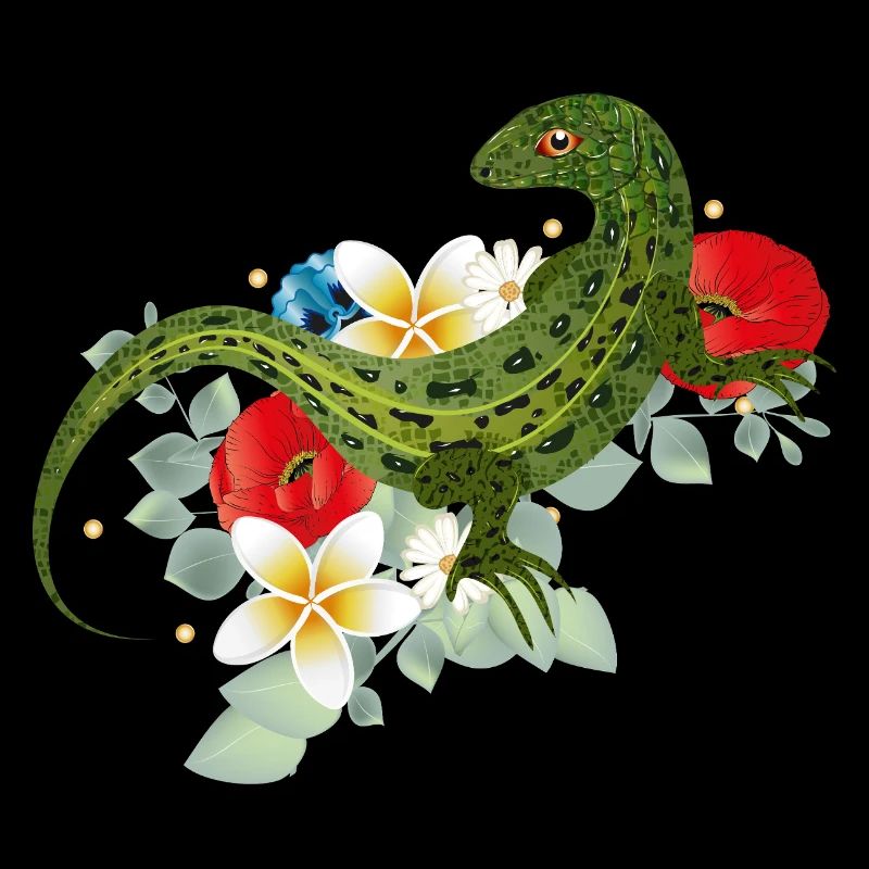 Lézard vert sur fleurs motif botanique