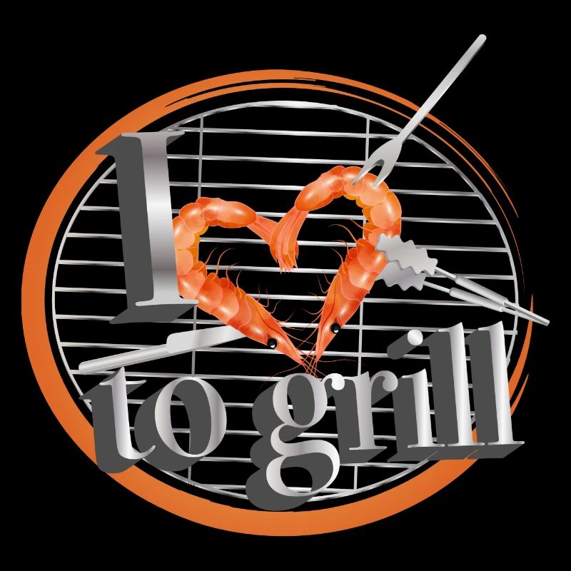 Ein Grill mit Grillbesteck & Garnelen in Herzform