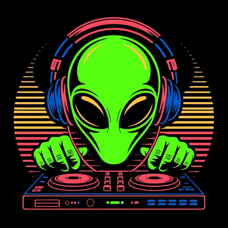 DJ extraterrestre avec casque et platine vinyle