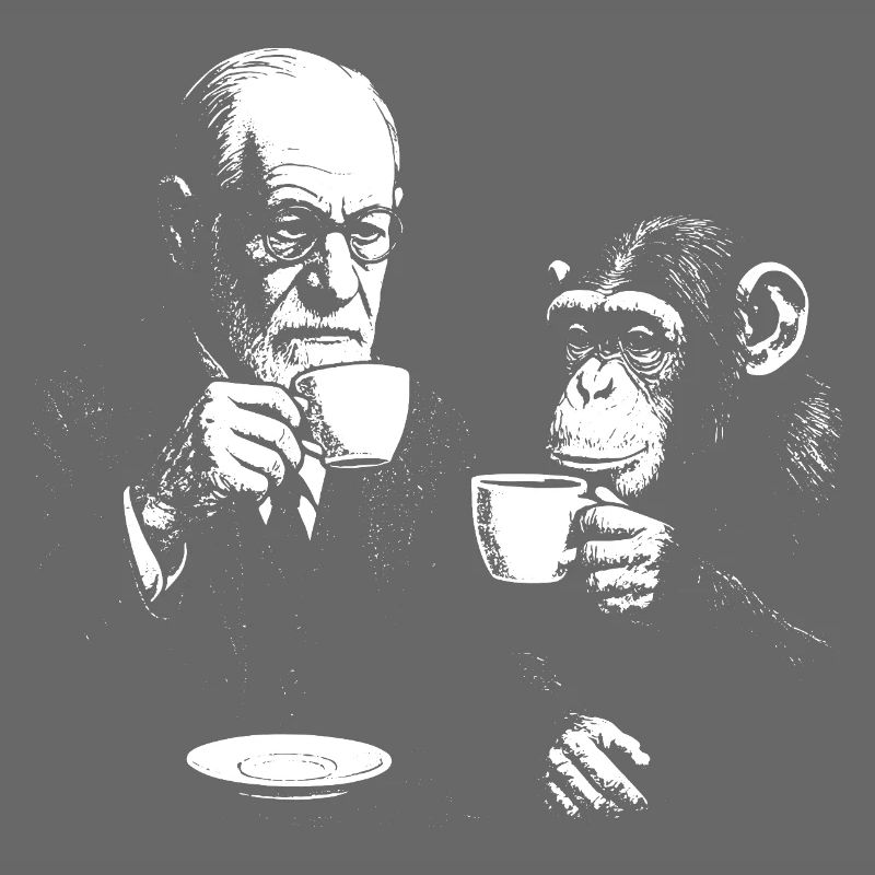 Sigmund Freud buvant du café avec un singe
